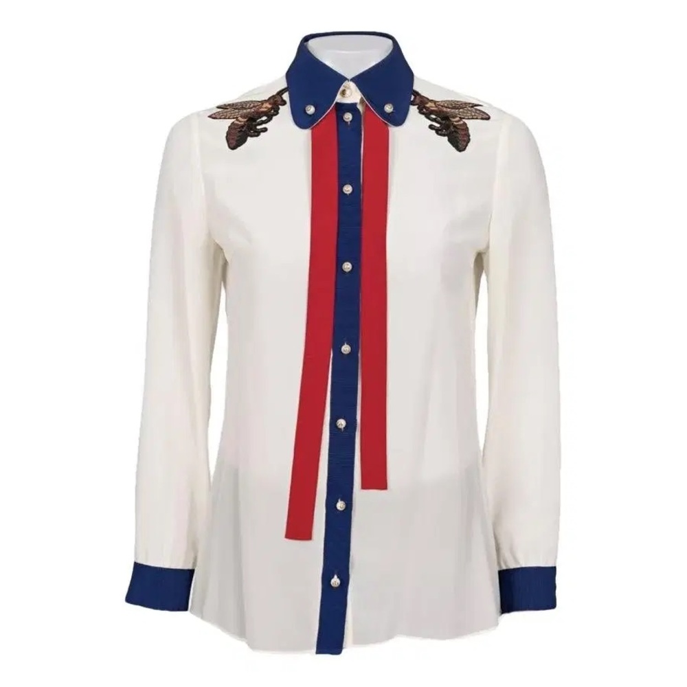 EW0191 Gucci beige bee embroidered silk lapel single-breasted long-sleeved shirt